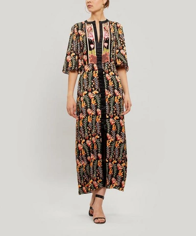 Shop Temperley London Rosy Embroidered Floral Print Satin Maxi Dress In Black
