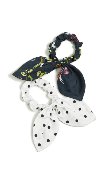 Shop Tanya Taylor Bow Scrunchie Set In Pencil Floral Navy & Polka Dot