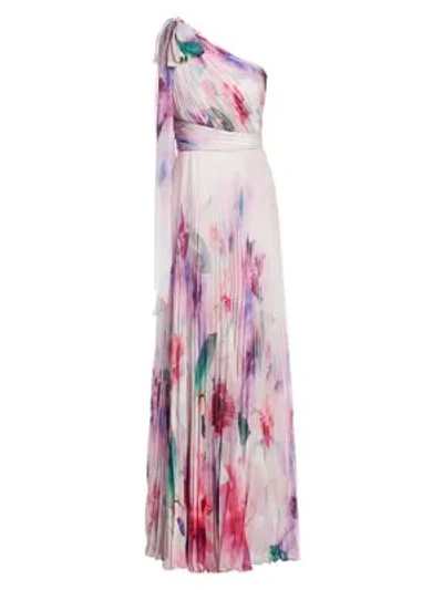Shop Marchesa Notte One-shoulder Pleated Chiffon Print Gown In Blush