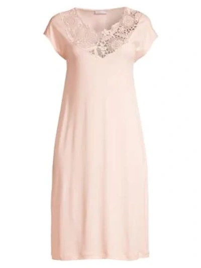 Shop Hanro Flora Lace-trim Cap-sleeve Night Gown In Easy Rose