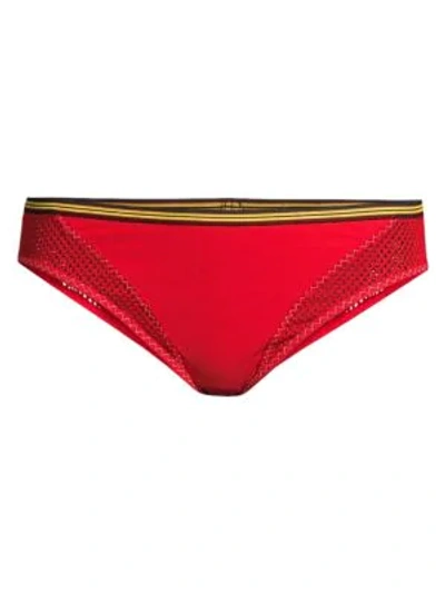 Shop Stella Mccartney Classic Stripe Trim Mesh Insert Bikini Bottom In Red