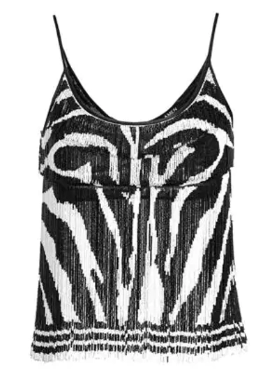 Shop Amen Beaded Fringe Zebra-print Crop Top In Black White