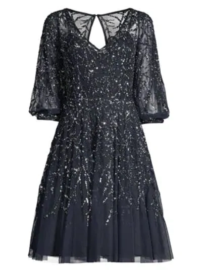 Shop Aidan Mattox Sequined Fit-&-flare Dress In Twilight