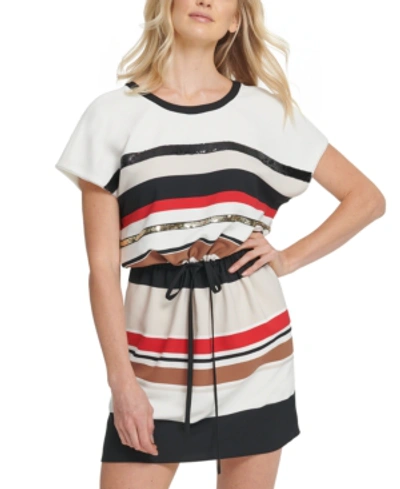 Shop Dkny Striped Tie-front Dress In Ivory Stripe