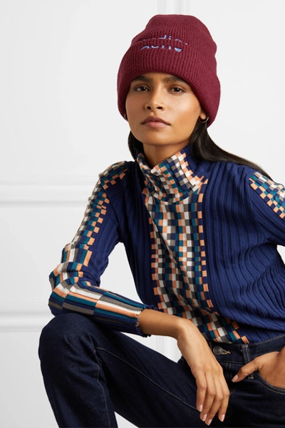 Shop Acne Studios Kreed Sporty Embroidered Wool-blend Beanie In Burgundy