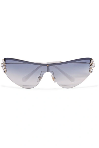 Shop Miu Miu Visor D-frame Crystal-embellished Gold-tone Sunglasses In Silver