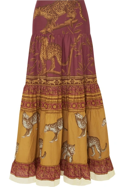 Shop Johanna Ortiz The Last Kashmiri Rose Tiered Printed Cotton-poplin Maxi Skirt In Burgundy