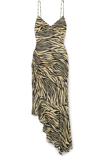Shop Nicholas Asymmetric Ruched Zebra-print Silk Crepe De Chine Midi Dress In Neutral