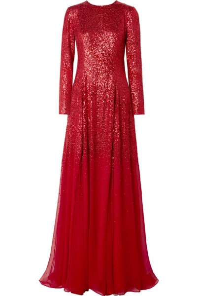 Shop Oscar De La Renta Sequined Silk-chiffon Gown In Red