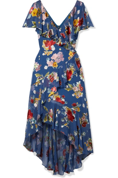 Shop Alice And Olivia Electra Asymmetric Floral-print Fil Coupé Chiffon Dress In Blue