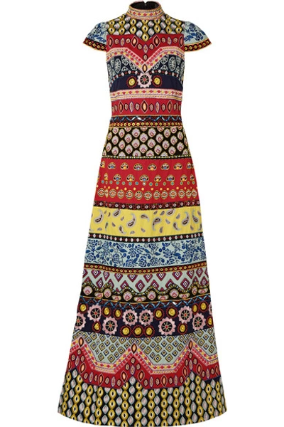 Shop Alice And Olivia Arwen Open-back Embellished Embroidered Cotton Maxi Dress In Red