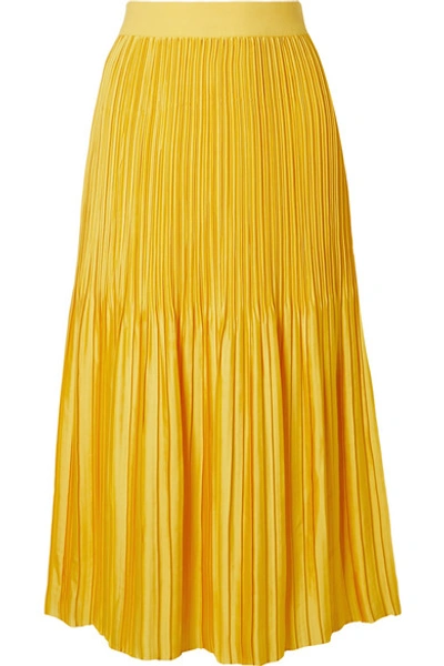 Shop Alice And Olivia Ken Pleated Satin Midi Skirt In Marigold