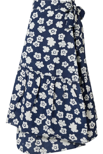 Shop Apiece Apart Iberia Floral-print Cotton And Linen-blend Wrap Skirt In Navy