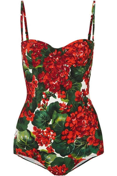 Shop Dolce & Gabbana Cutout Floral-print Underwired Swimsuit In Red