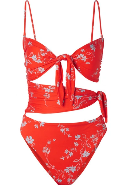 Shop Nicholas Convertible Knotted Floral-print Swimsuit In Papaya