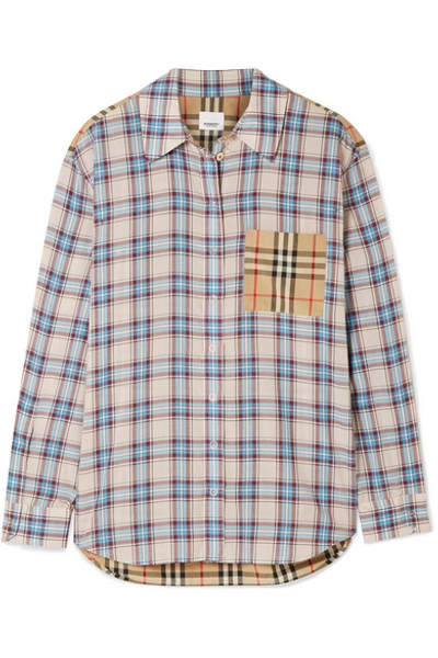 Shop Burberry Paneled Checked Lyocell And Cotton-poplin Shirt In Ecru