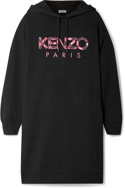 Shop Kenzo Oversized Hooded Appliquéd Cotton-jersey Mini Dress In Black