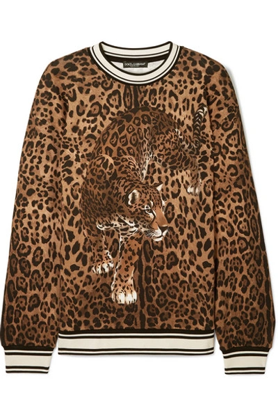 Shop Dolce & Gabbana Stretch Silk-trimmed Leopard-print Cotton-jersey Sweatshirt In Brown