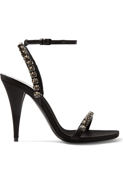 Shop Saint Laurent Kiki Crystal-embellished Leather-trimmed Satin Sandals In Black