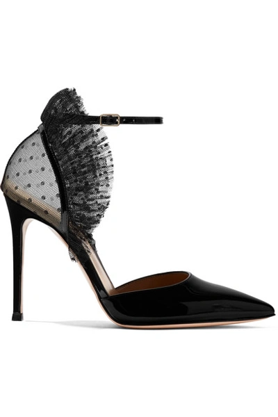 Shop Gianvito Rossi 105 Ruffled Point D'esprit Tulle And Patent-leather Pumps In Black