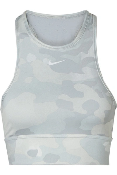 Shop Nike Everything Mesh-paneled Camouflage-print Dri-fit Sports Bra In Light Gray