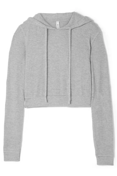 Shop Alo Yoga Getaway Cropped Mélange Brushed-jersey Hoodie In Gray