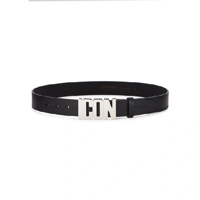 Shop Dsquared2 Icon Black Leather Belt In Black And Silver