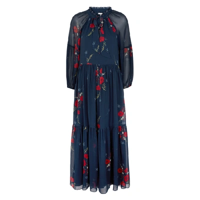 Shop Joie Saffrona Navy Floral-print Silk Dress