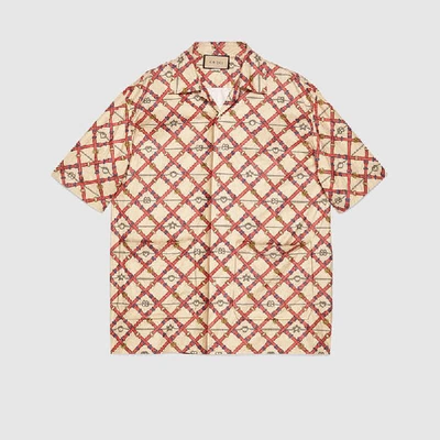 Shop Gucci Oversize Paper Effect Bowling Shirt In Red