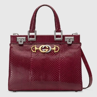 Shop Gucci Zumi Snakeskin Small Top Handle Bag In Bordeaux