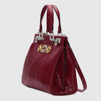 Shop Gucci Zumi Snakeskin Small Top Handle Bag In Bordeaux