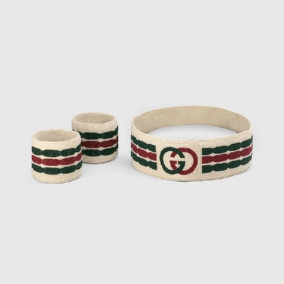 Shop Gucci Headband And Wrist Cuffs With Interlocking G Stripe In White