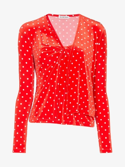 Shop Balenciaga Twisted Polka Dot Velvet Top In Red