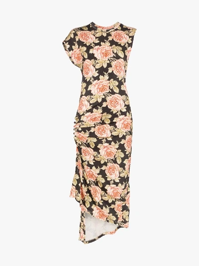 Shop Paco Rabanne Rose Print Fitted Midi Dress In Multicoloured