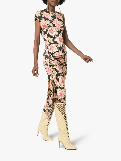 Shop Paco Rabanne Rose Print Fitted Midi Dress In Multicoloured