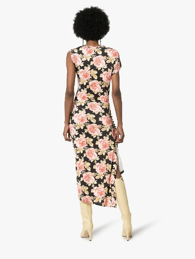 Shop Paco Rabanne Rose Print Fitted Midi Dress In Multicoloured