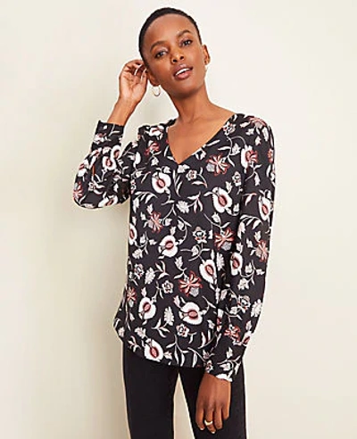 Shop Ann Taylor Floral Cuffed V-neck Top In Black