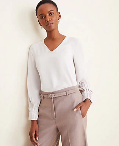 Shop Ann Taylor Mixed Media Pleated Cuff Blouse In White