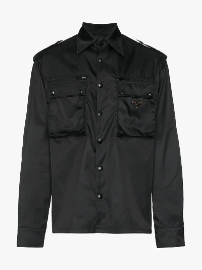 Shop Prada Nylon Badge Press Popper Shirt In Black