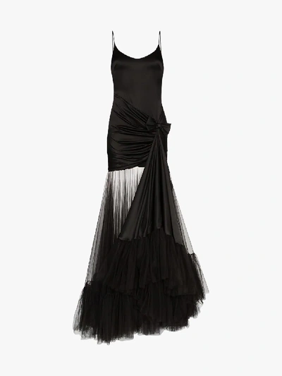 Shop Alessandra Rich Tulle Train Silk Gown In Black