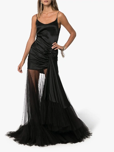 Shop Alessandra Rich Tulle Train Silk Gown In Black