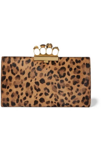 Shop Alexander Mcqueen Knuckle Embellished Leopard-print Calf Hair Clutch