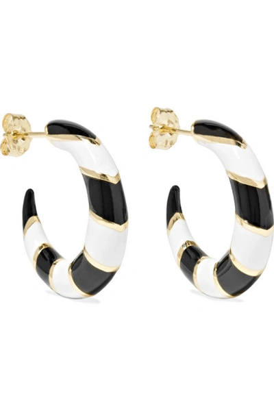 Shop Alison Lou Petite Stripes 14-karat Gold And Enamel Hoop Earrings In White