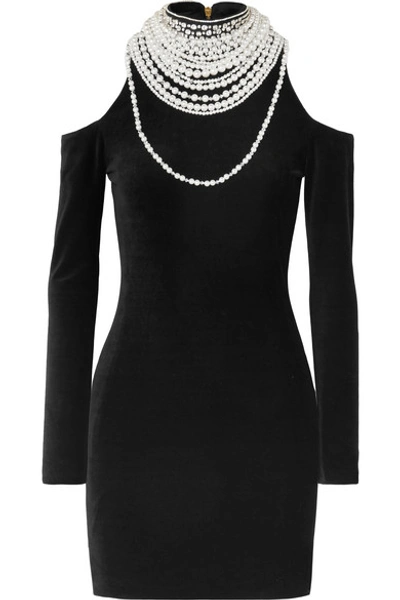 Shop Balmain Cold-shoulder Pearl And Crystal-embellished Stretch-velvet Mini Dress In Black