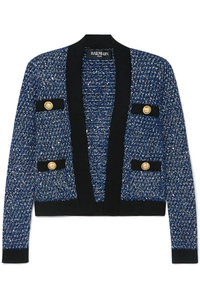 Shop Balmain Metallic Tweed Jacket In Blue