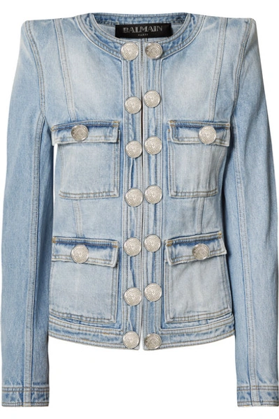 Shop Balmain Button-embellished Distressed Denim Jacket In Blue