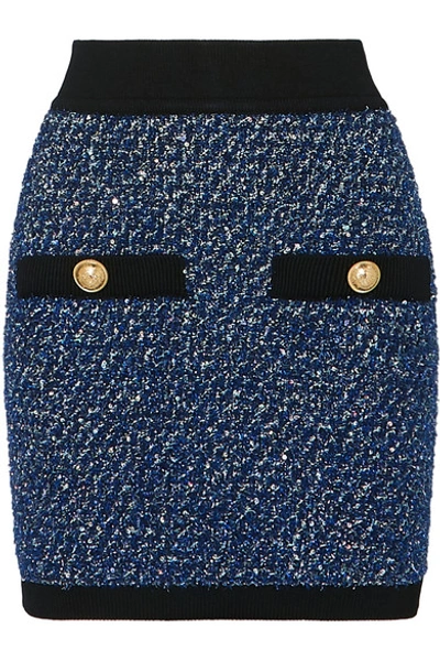 Shop Balmain Button-embellished Metallic Tweed Mini Skirt In Blue