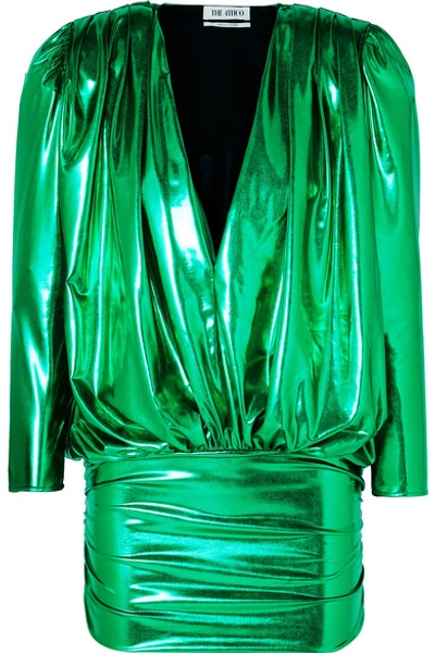 Shop Attico Draped Stretch-lamé Mini Dress In Green