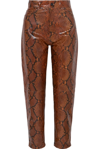 Shop Attico Snake-effect Leather Tapered Pants In Brown