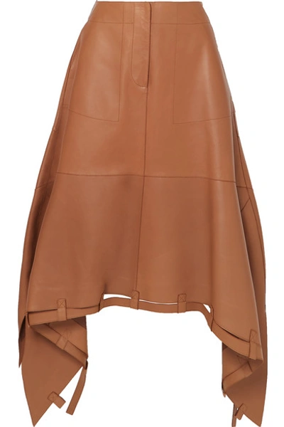 Shop Loewe Asymmetric Leather Midi Skirt In Brown